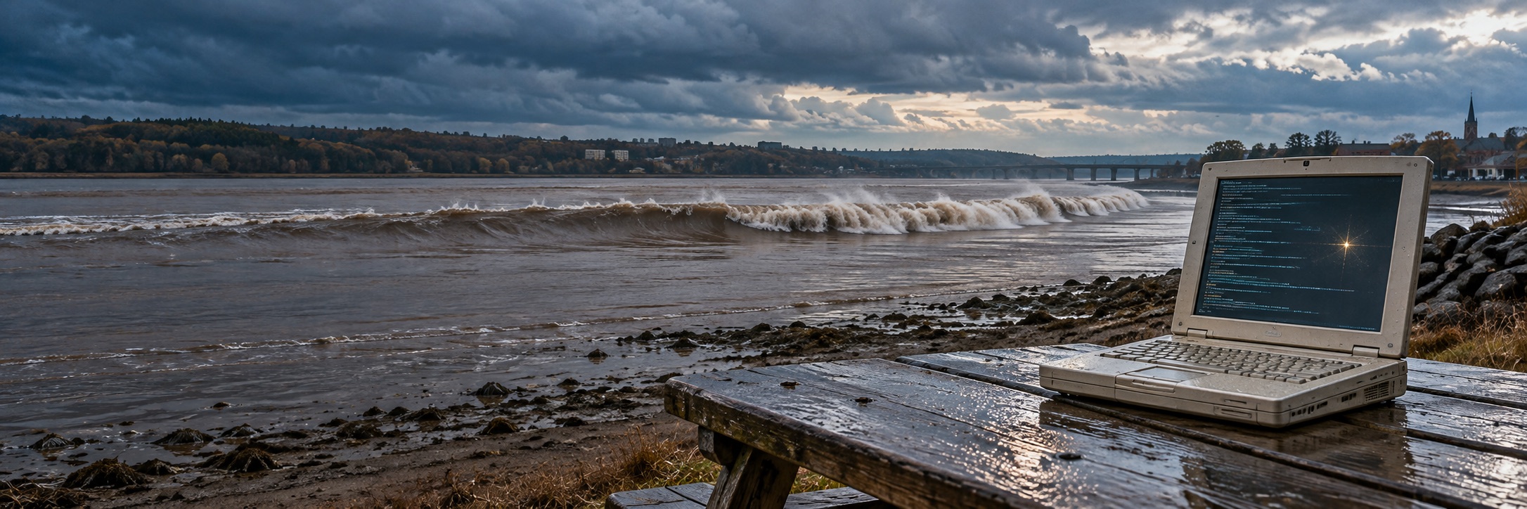 The Truro tidal bore rolling past an old laptop displaying suspiciously generated code